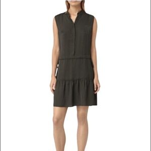 All saints dress size 10 tiiered waist has drawstring. Brown Polk dot.